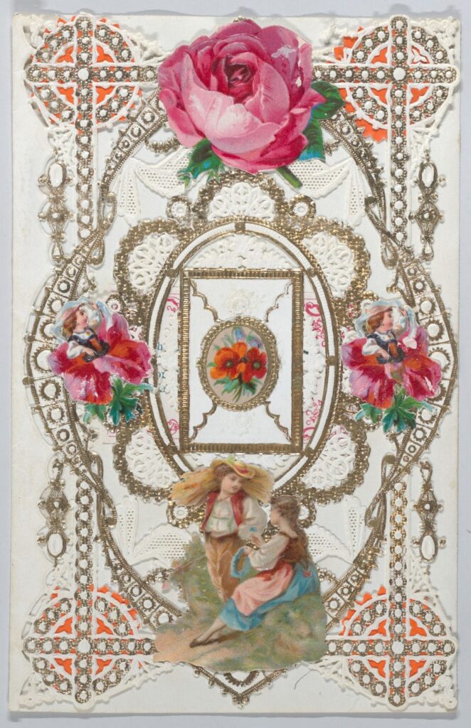 fancy valentine card with lace, roses, rick-rack, and two lovers