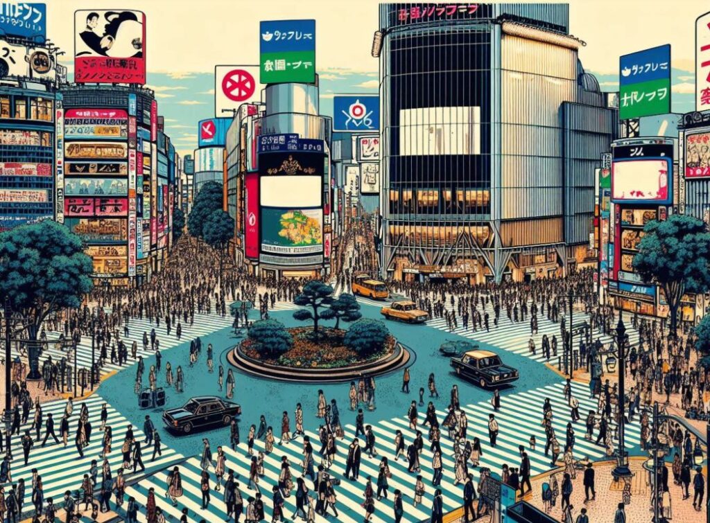 colorful Shibuya Crossing with many people crossing 