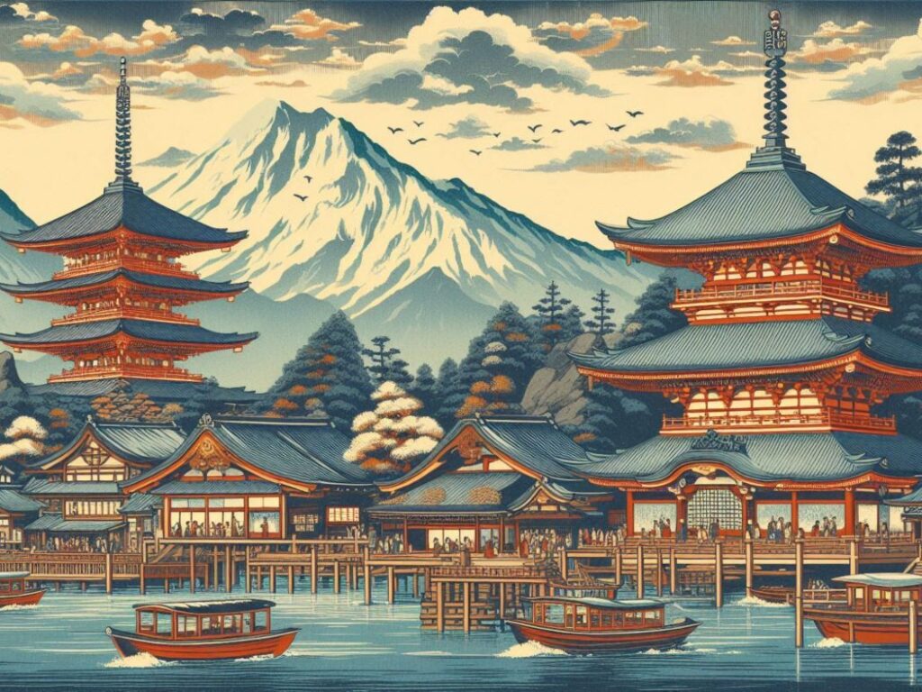 historical illustration of Zenkoji Temple in Japan