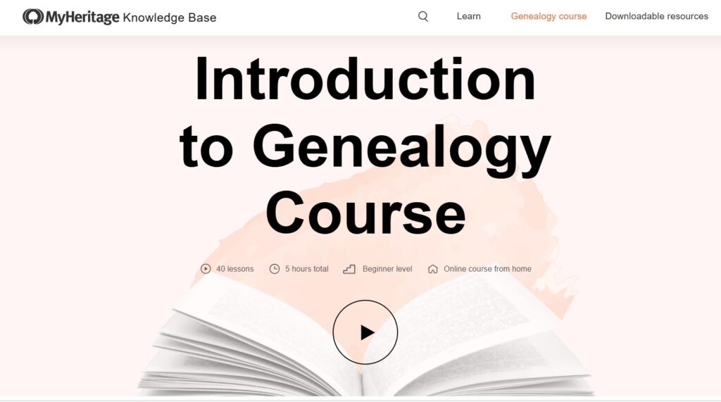 open book with title introduction to genealogy course printed above it