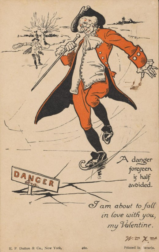 a Valentine's Day card with a man dressed in Revolutionary soldier uniform and hat ice skating on thin ice