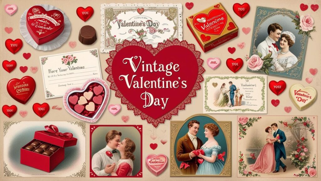 Hearts, gifts, symbols, and couples representing vintage Valentine's Day aesthetic