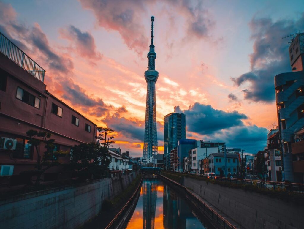 Skytree Tower in Tokyo Japan against a sunset sky.