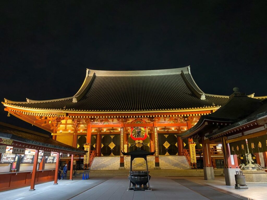 Senso-ji Temple in Tokyo Japan at night. 