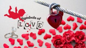 collage of symbols of love with cupid, love lock, hearts, roses, diamond rings