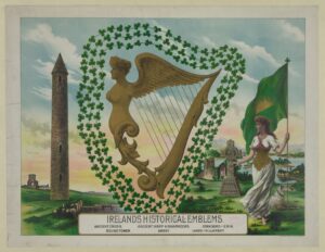 collage of shamrock, harp, round tower, and flag of ireland