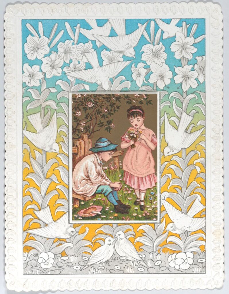 young boy and girl with bouquet of flowers with a birds and flowers border