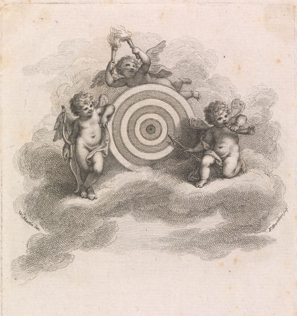 three cherub cupids with love bow and arrows sitting on a cloud and pointing at a bullseye