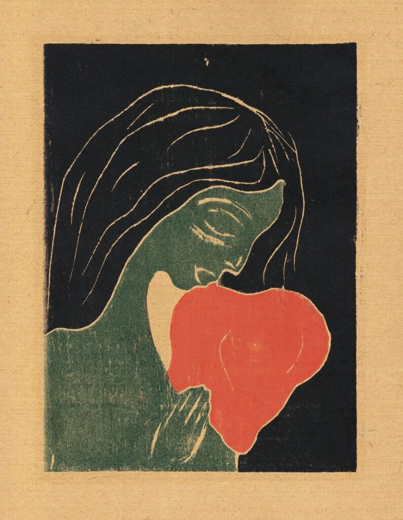 painting of a sad girl holding a heart 