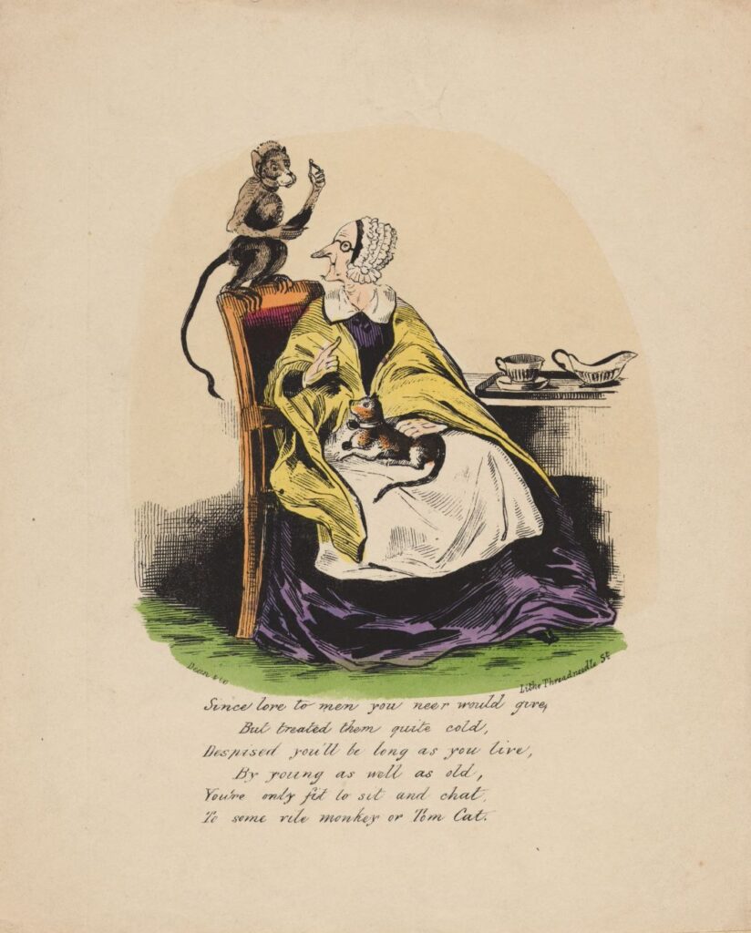 caricature of an old woman with a cat in her lap and a monkey over her shoulder