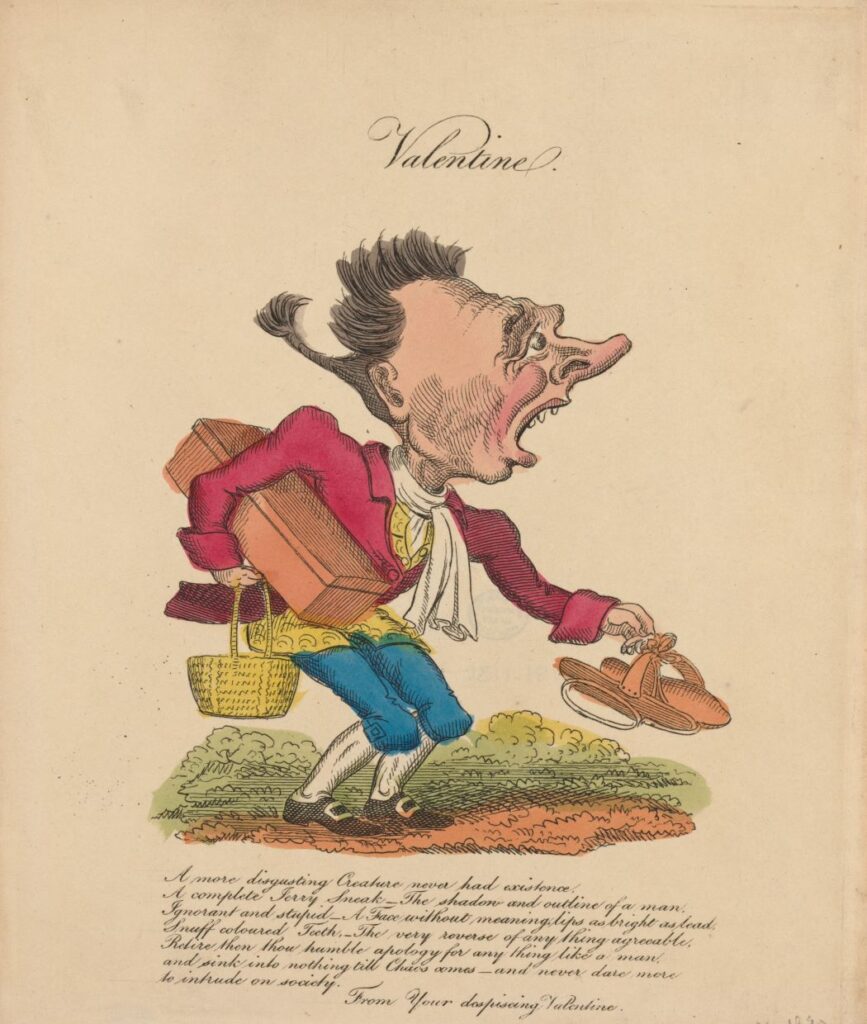 caricature of a man carrying shoes and other objects with gaping expression