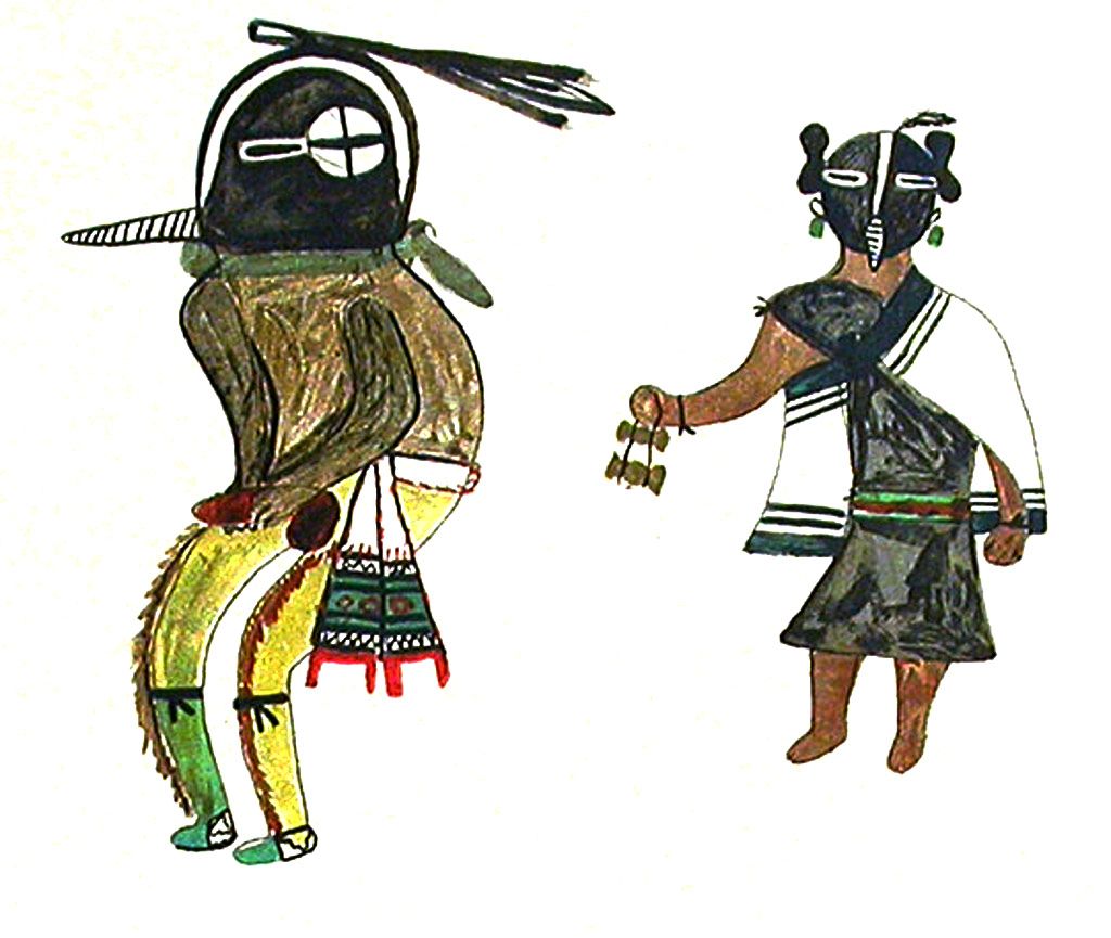 colorful drawing of hopi kachinas known as fertility gods