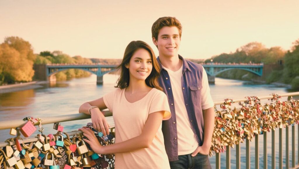 young couple standing on a bridge decorated with hundreds of love locks