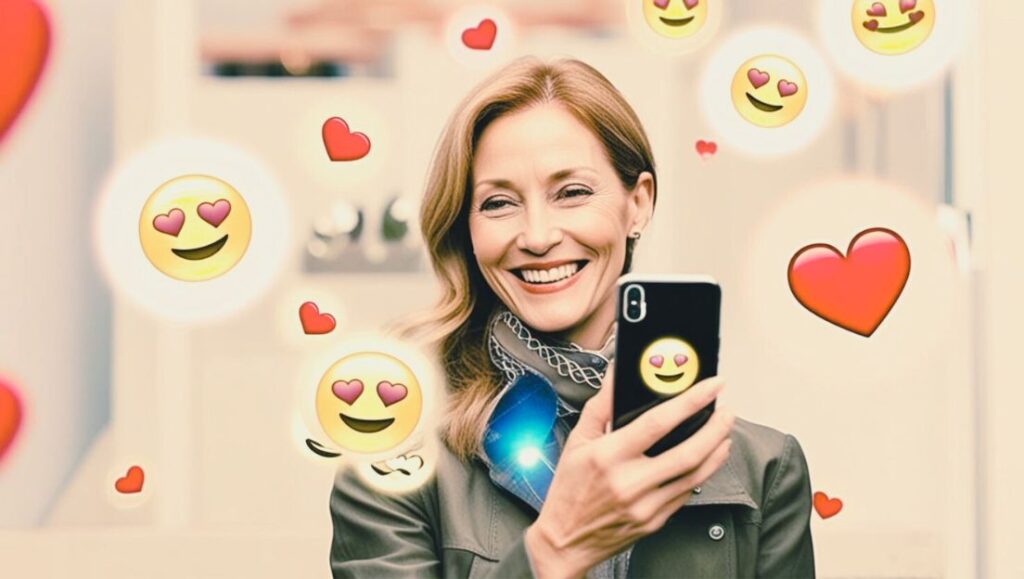 smiling woman holding a phone with love emojis swirling around