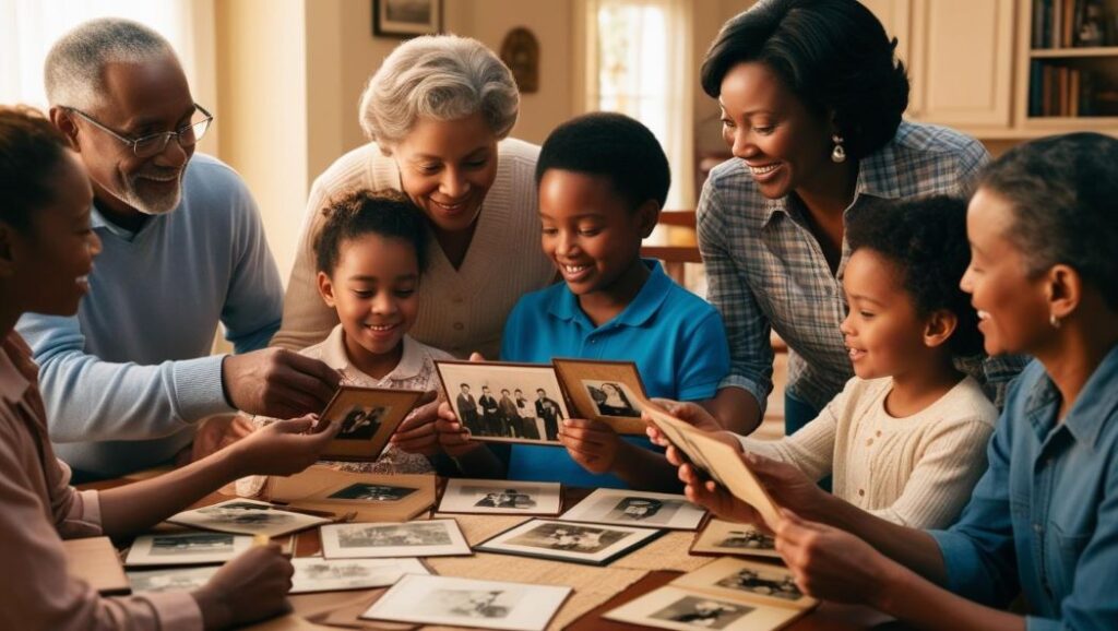 several generations of family members sharing photos and stories at a table