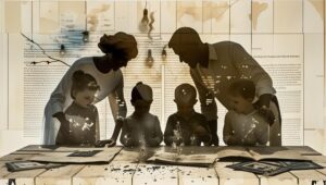 sillouette of family looking at books and pictures