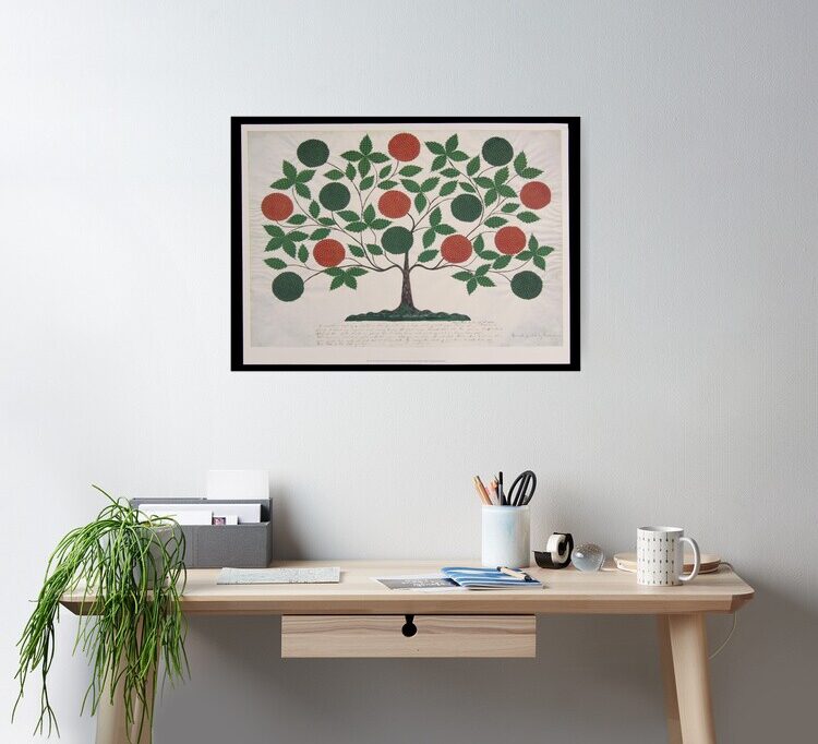 Tree of Life folk art poster on an office wall.