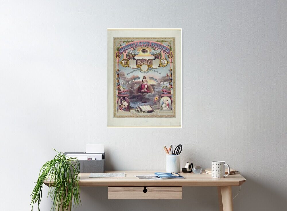 Odd Fellows symbols poster on an office wall.