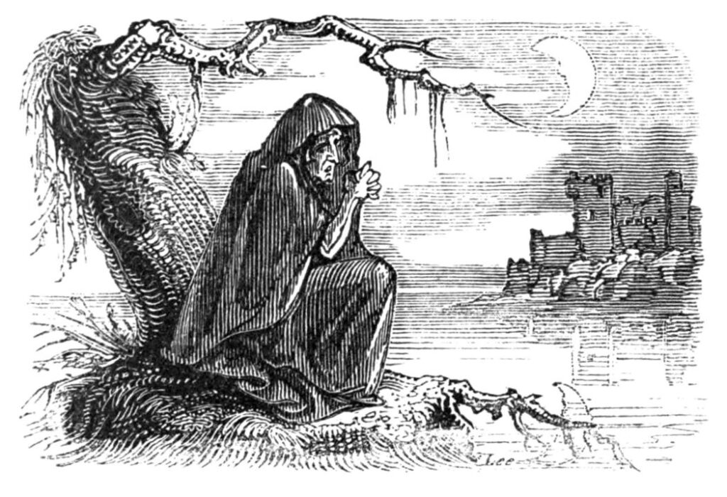 sketch of the irish legend bunworth banshee sitting under a tree with a castle in the distance