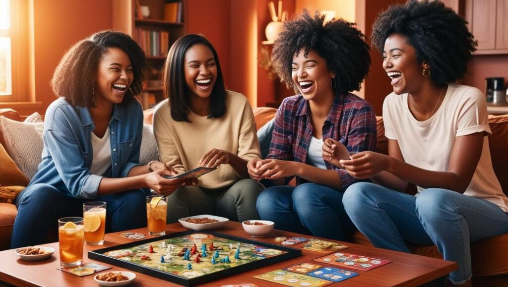 A group of friends laughing while playing a board game