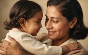 mother holding daughter and both smiling