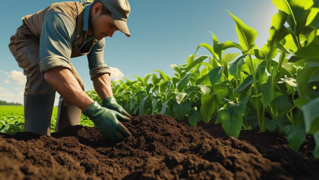 a farmer examining soil health with healthy crops in the background