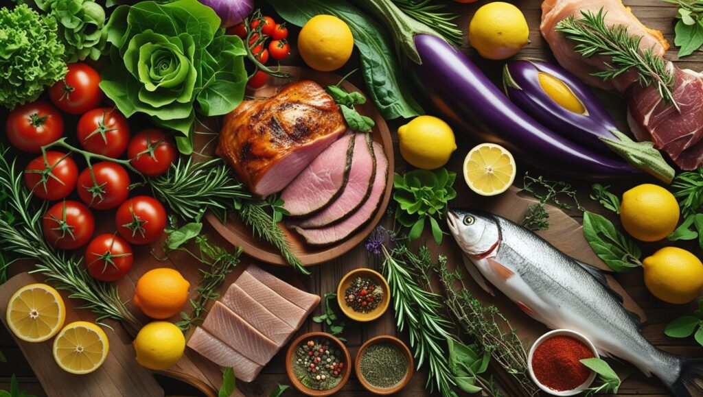 table filled with fresh produce. meat, spices, and fish as part of an ancestral recipes for health