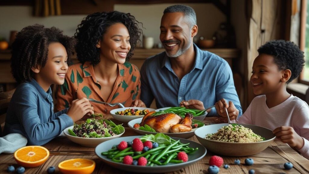 family at dinner table enjoying an ancestral diet meal of fresh meat, vegetables and grains.