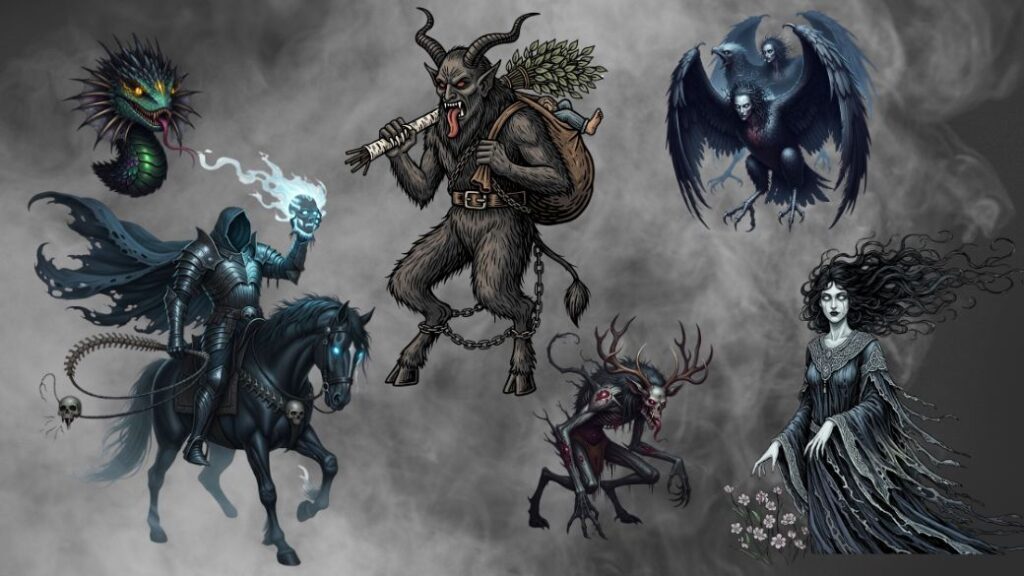 Scary Mythical Creatures and Their Cultural Significance scary mythical creatures from folklore floating in dark clouds