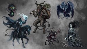scary mythical creatures from folklore floating in dark clouds