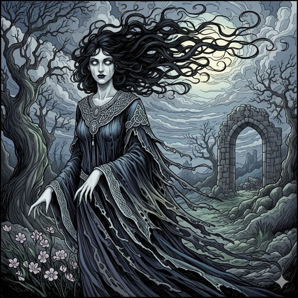 gothic style Irish Banshee in a dark, eerie forest scene