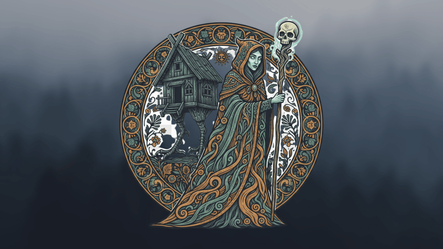 drawing of mythical creature Baba Yaga holding a staff and standing in front of her chicken leg house