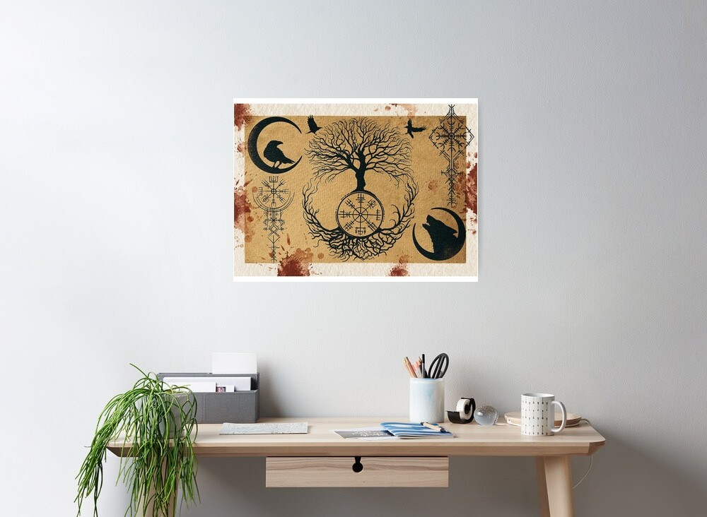 Poster above desk with Yggdrasil - Symbols in Norse Mythology - Life, Death, Odin