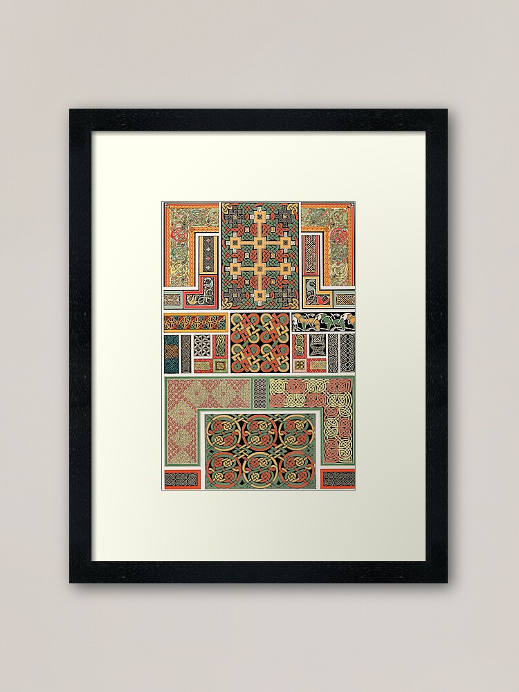 framed print of celtic knots, spirals, and symbols